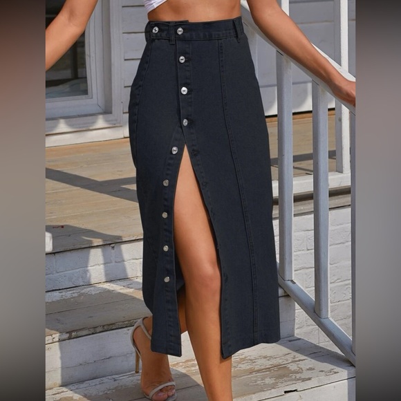 Boho button detail denim midi skirt - Picture 1 of 16